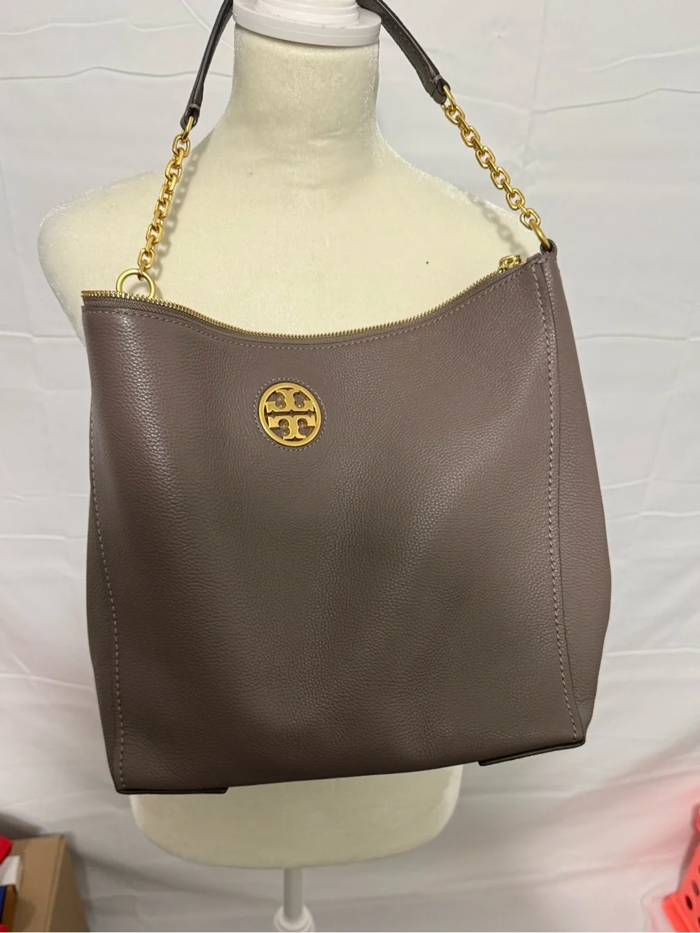 Tory Burch Taupe Leather Hobo with Gold Chain Strap